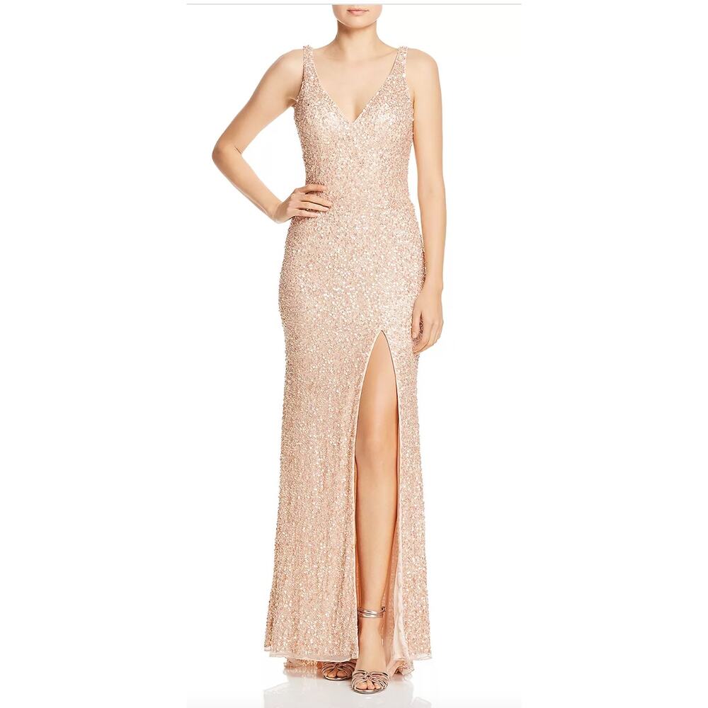 Mac Duggal Sequined Sleeveless V Neck Side Slit Gown, Sz 16, Nude / Rose Gold - Picture 1 of 4